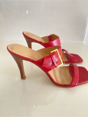 Red Leather Buckle Slide Heels